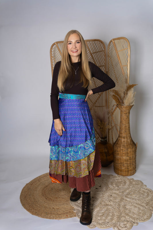 Regular 4 Layer Maxi Length Up-Cycled Reversible Sari Wrap Skirt #137