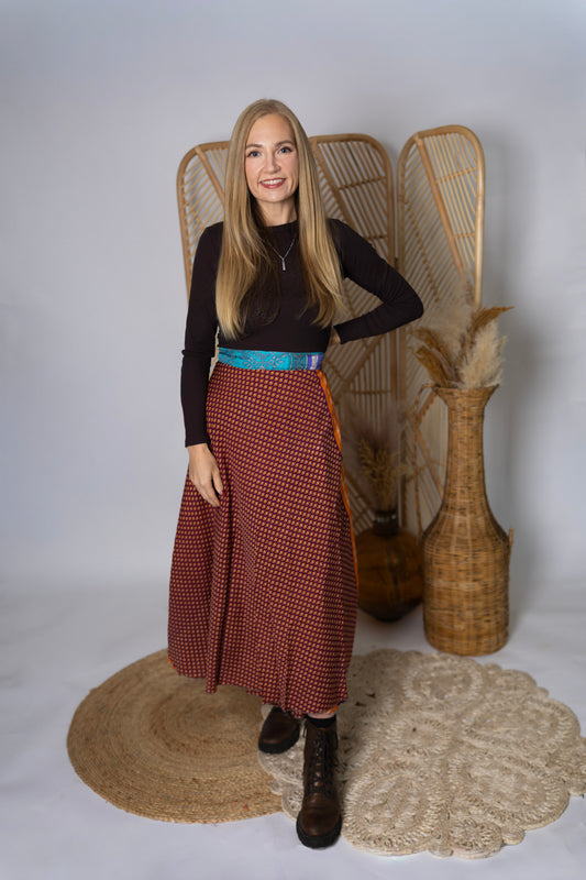Regular 4 Layer Maxi Length Up-Cycled Reversible Sari Wrap Skirt #137