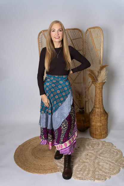 Regular 4 Layer Maxi Length Up-Cycled Reversible Sari Wrap Skirt #138