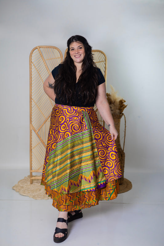 Plus/Maxi Length Up-Cycled Reversible Sari Wrap Skirt #98