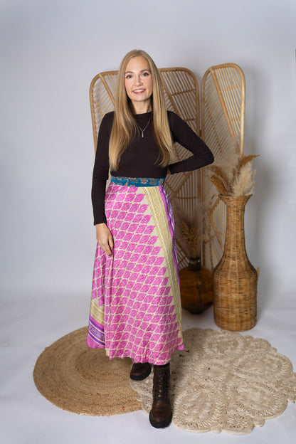 Regular 4 Layer Maxi Length Up-Cycled Reversible Sari Wrap Skirt #138