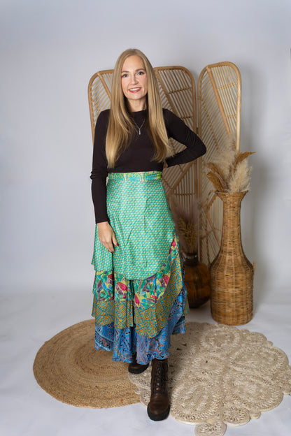 Regular 4 Layer Maxi Length Up-Cycled Reversible Sari Wrap Skirt #139