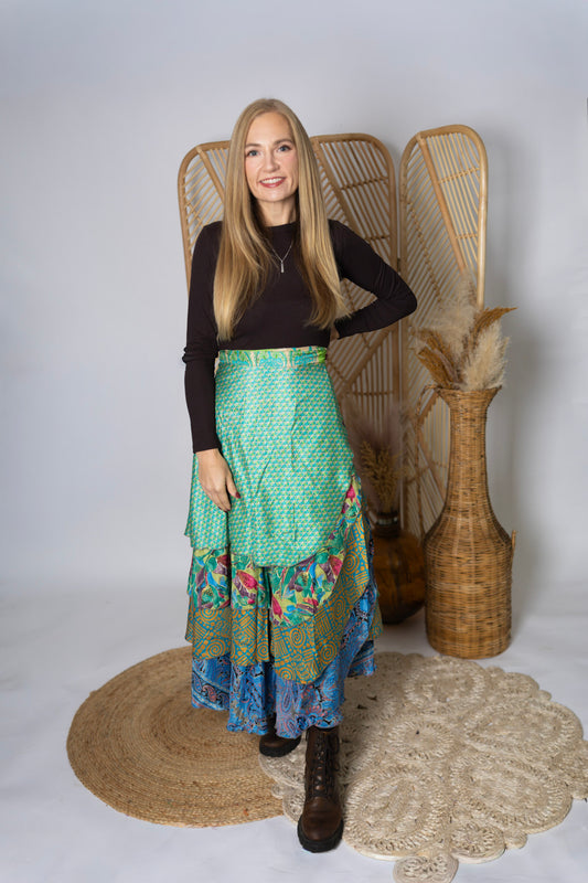 Regular 4 Layer Maxi Length Up-Cycled Reversible Sari Wrap Skirt #139