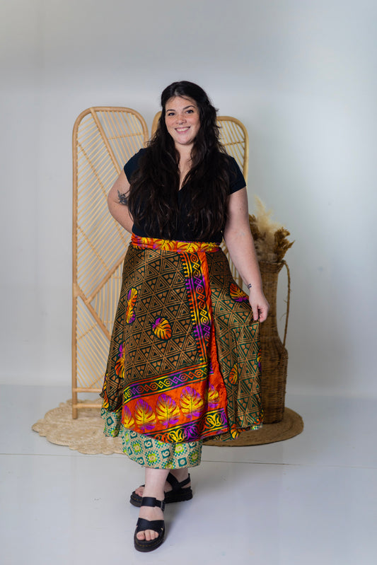 Plus/Maxi Length Up-Cycled Reversible Sari Wrap Skirt #96