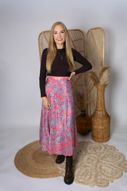 Regular 4 Layer Maxi Length Up-Cycled Reversible Sari Wrap Skirt #140