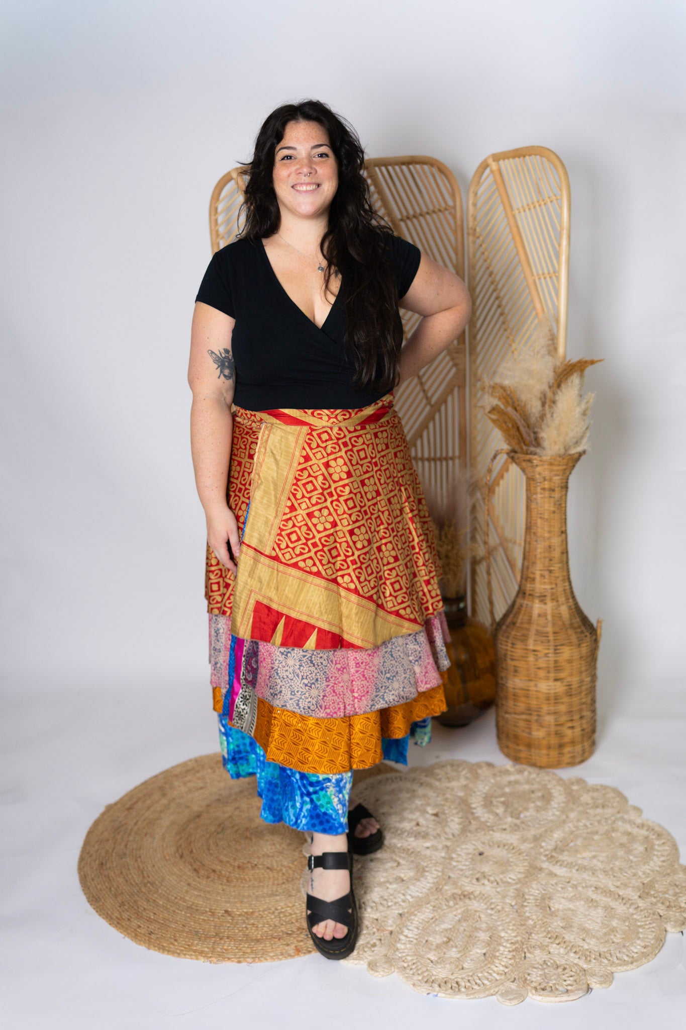 Plus 4 Layer Maxi Length Up-Cycled Reversible Sari Wrap Skirt #140