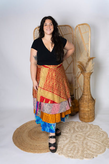 Plus 4 Layer Maxi Length Up-Cycled Reversible Sari Wrap Skirt #140