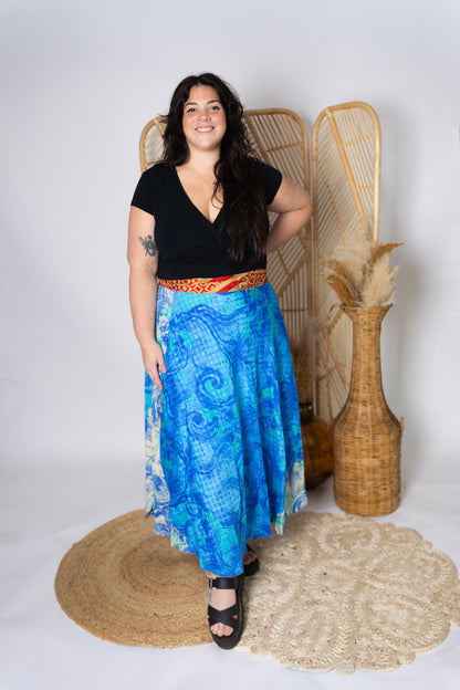 Plus 4 Layer Maxi Length Up-Cycled Reversible Sari Wrap Skirt #140