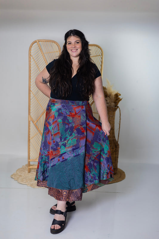 Plus/Maxi Length Up-Cycled Reversible Sari Wrap Skirt #9