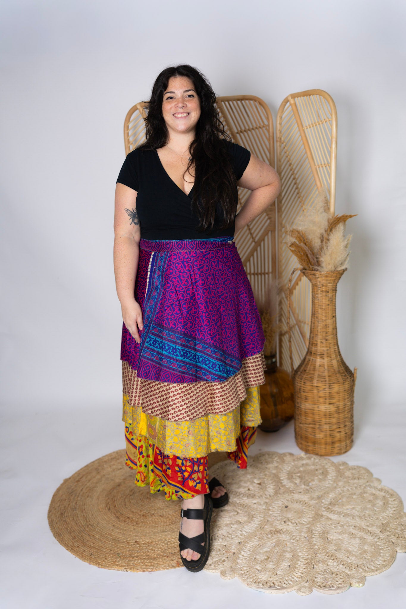 Plus 4 Layer Maxi Length Up-Cycled Reversible Sari Wrap Skirt #141