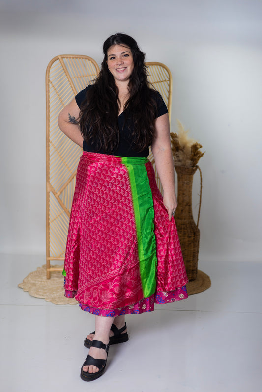 Plus/Maxi Length Up-Cycled Reversible Sari Wrap Skirt #64