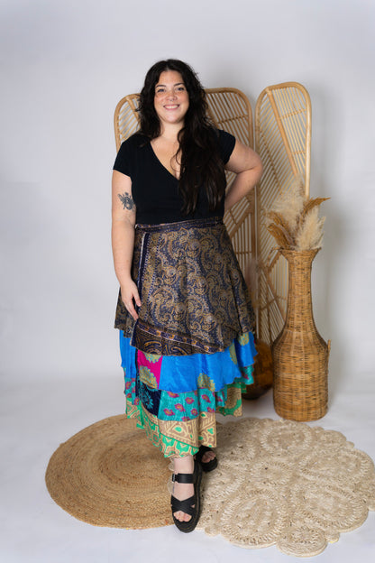Plus 4 Layer Maxi Length Up-Cycled Reversible Sari Wrap Skirt #142
