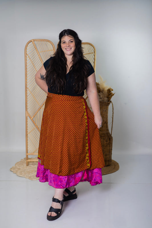 Plus/Maxi Length Up-Cycled Reversible Sari Wrap Skirt #98