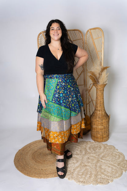Plus 4 Layer Maxi Length Up-Cycled Reversible Sari Wrap Skirt #143