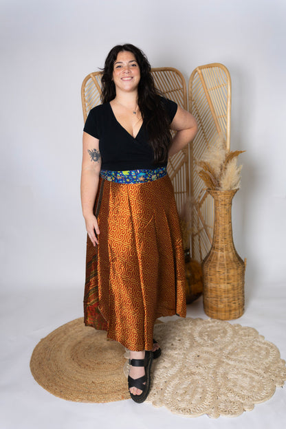 Plus 4 Layer Maxi Length Up-Cycled Reversible Sari Wrap Skirt #143