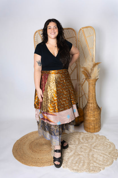 Plus 4 Layer Maxi Length Up-Cycled Reversible Sari Wrap Skirt #144