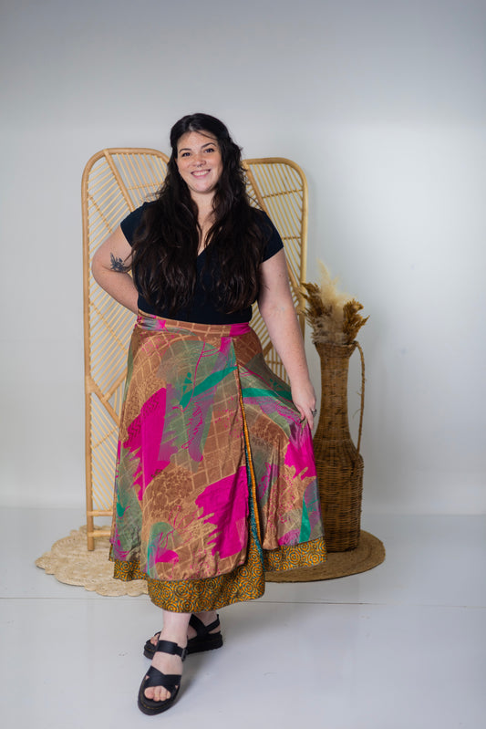 Plus/Maxi Length Up-Cycled Reversible Sari Wrap Skirt #81