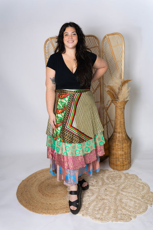 Plus 4 Layer Maxi Length Up-Cycled Reversible Sari Wrap Skirt #145
