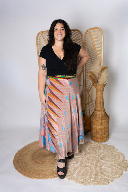 Plus 4 Layer Maxi Length Up-Cycled Reversible Sari Wrap Skirt #145