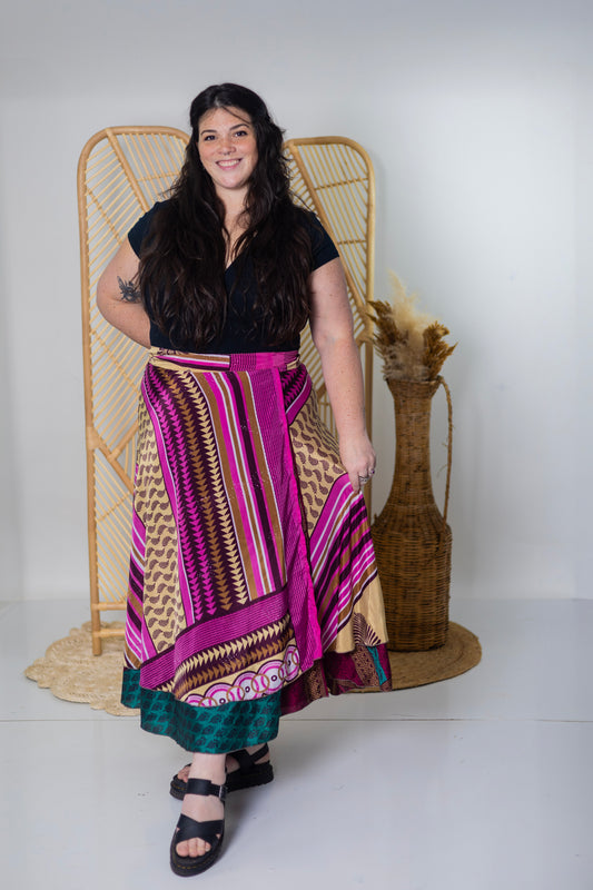 Plus/Maxi Length Up-Cycled Reversible Sari Wrap Skirt #82