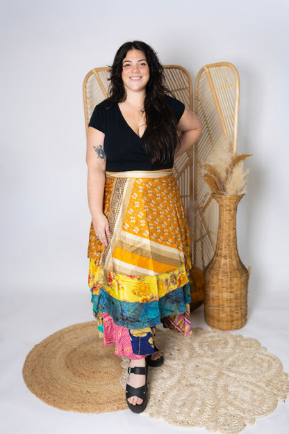 Plus 4 Layer Maxi Length Up-Cycled Reversible Sari Wrap Skirt #146