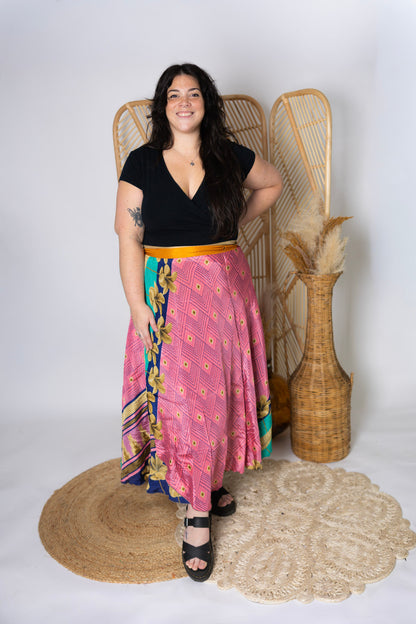 Plus 4 Layer Maxi Length Up-Cycled Reversible Sari Wrap Skirt #146