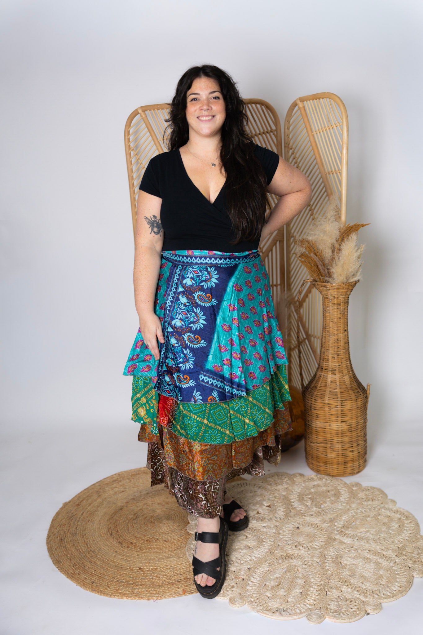 Plus 4 Layer Maxi Length Up-Cycled Reversible Sari Wrap Skirt #147