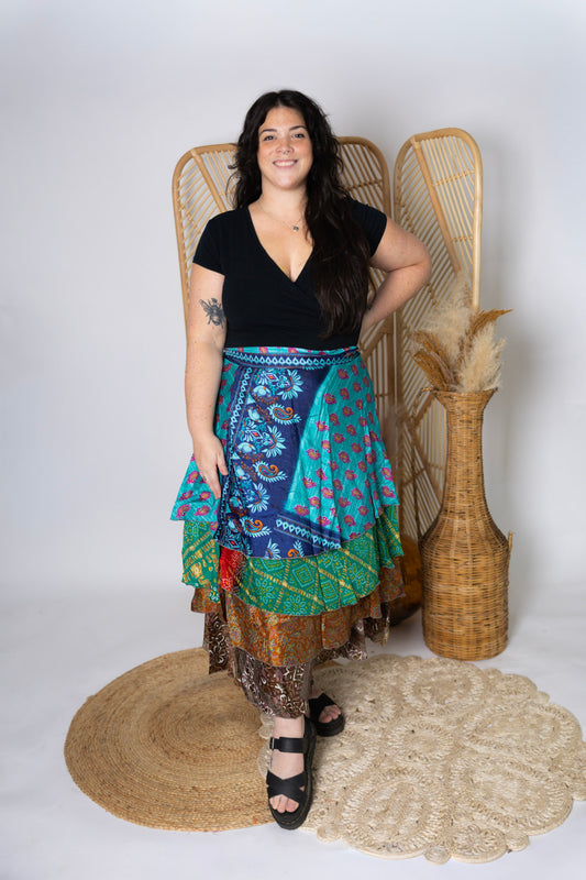 Plus 4 Layer Maxi Length Up-Cycled Reversible Sari Wrap Skirt #147
