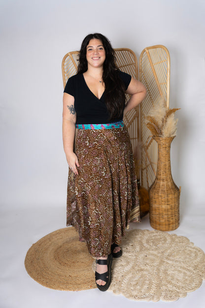 Plus 4 Layer Maxi Length Up-Cycled Reversible Sari Wrap Skirt #147