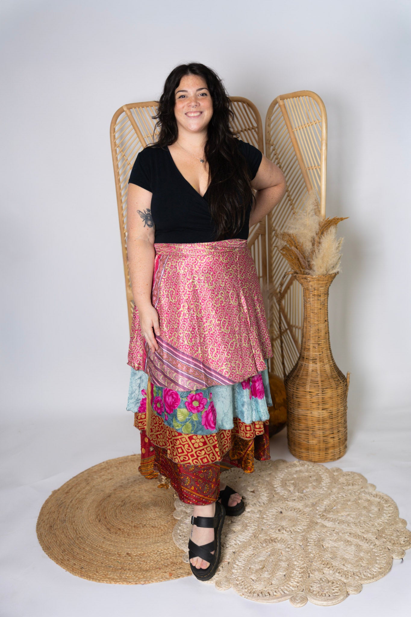 Plus 4 Layer Maxi Length Up-Cycled Reversible Sari Wrap Skirt #148
