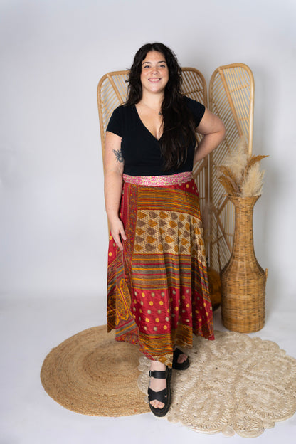 Plus 4 Layer Maxi Length Up-Cycled Reversible Sari Wrap Skirt #148