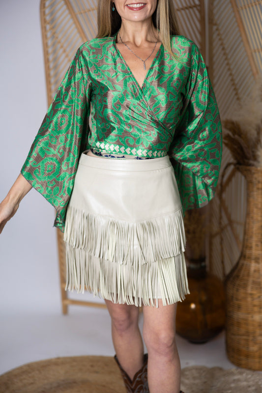 Regular Up-Cycled Sari Bell Sleeve Wrap Tie Top #101