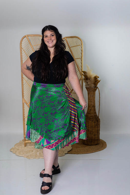 Goddess/Tea Length Up-Cycled Reversible Sari Wrap Skirt #18