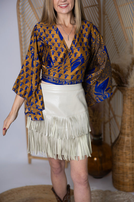 Regular Up-Cycled Sari Bell Sleeve Wrap Tie Top #102