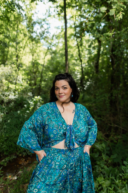 Plus Ocean Blue - Twyla Set 🌟Tiered Skirt  and Bell Sleeve Wrap Top