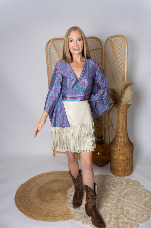 Regular Up-Cycled Sari Bell Sleeve Wrap Tie Top #103