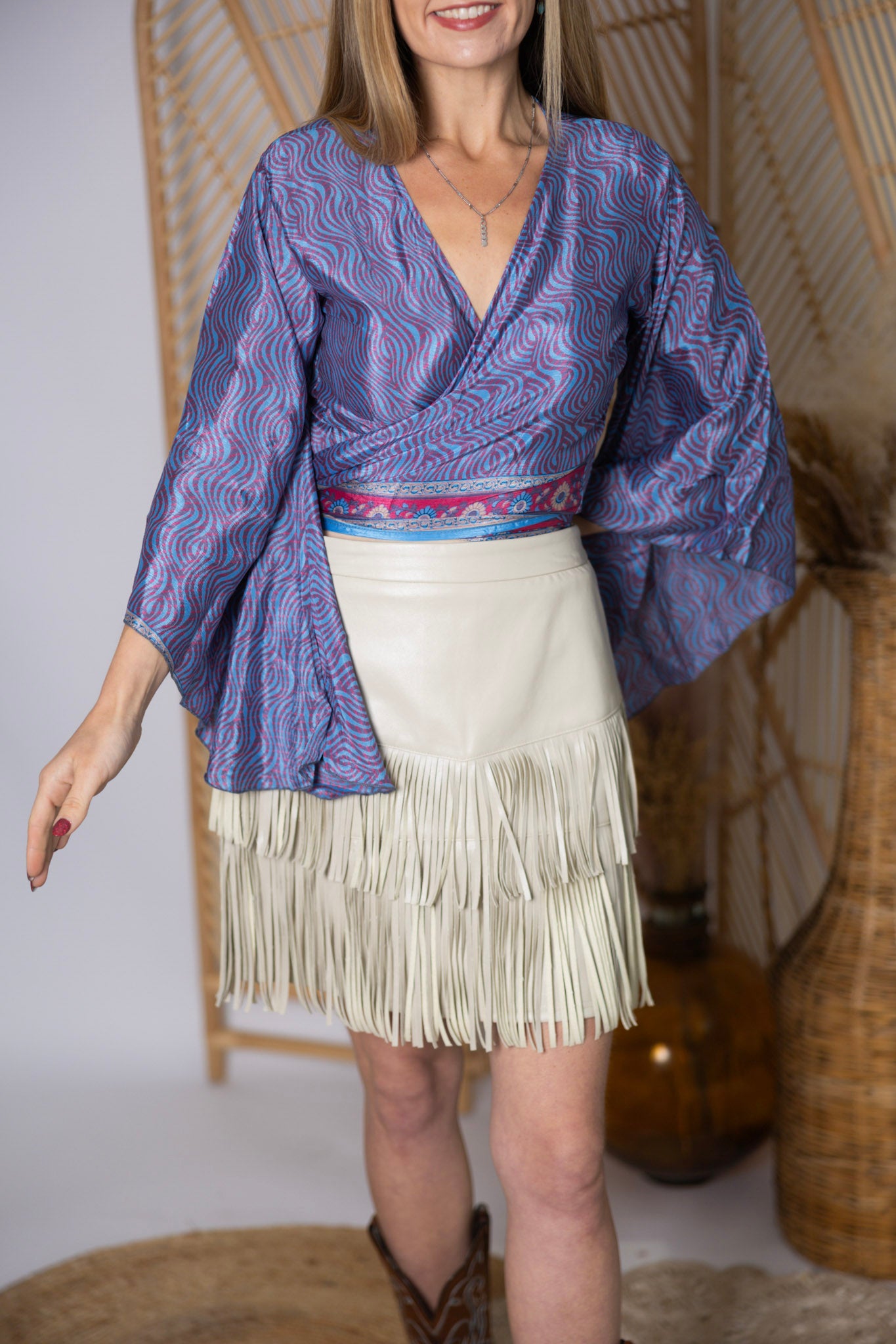 Regular Up-Cycled Sari Bell Sleeve Wrap Tie Top #103