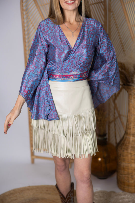 Regular Up-Cycled Sari Bell Sleeve Wrap Tie Top #103