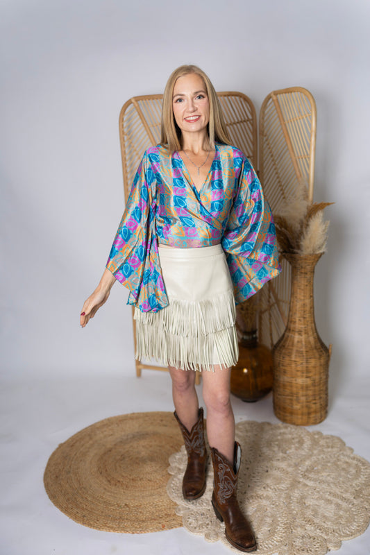 Regular Up-Cycled Sari Bell Sleeve Wrap Tie Top #104