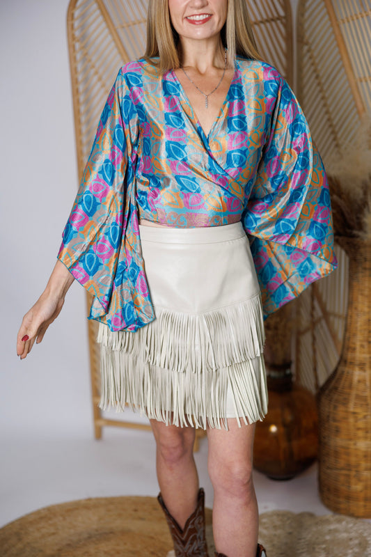 Regular Up-Cycled Sari Bell Sleeve Wrap Tie Top #104