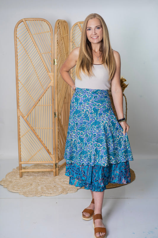 Regular/Tea Length Up-Cycled Reversible Sari Wrap Skirt #83