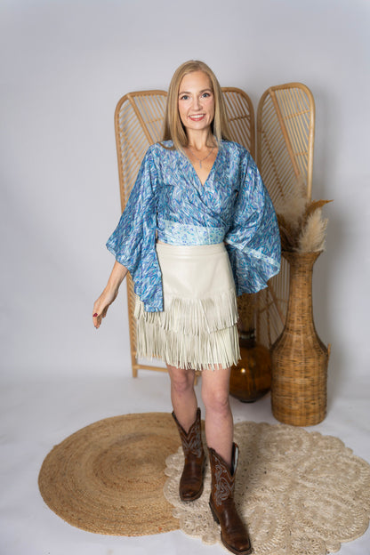 Regular Up-Cycled Sari Bell Sleeve Wrap Tie Top #105