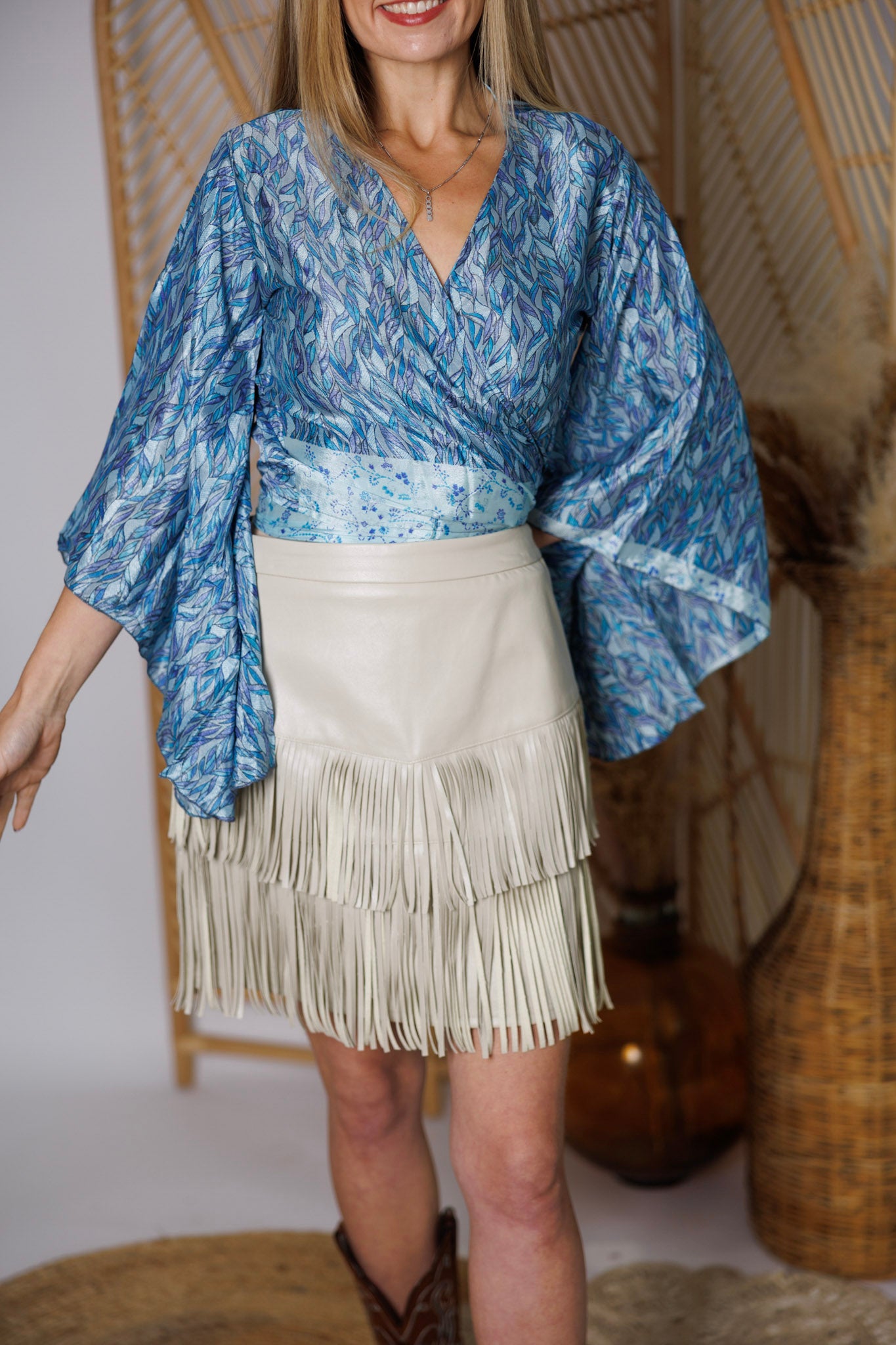 Regular Up-Cycled Sari Bell Sleeve Wrap Tie Top #105