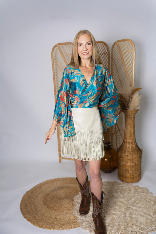 Regular Up-Cycled Sari Bell Sleeve Wrap Tie Top #106