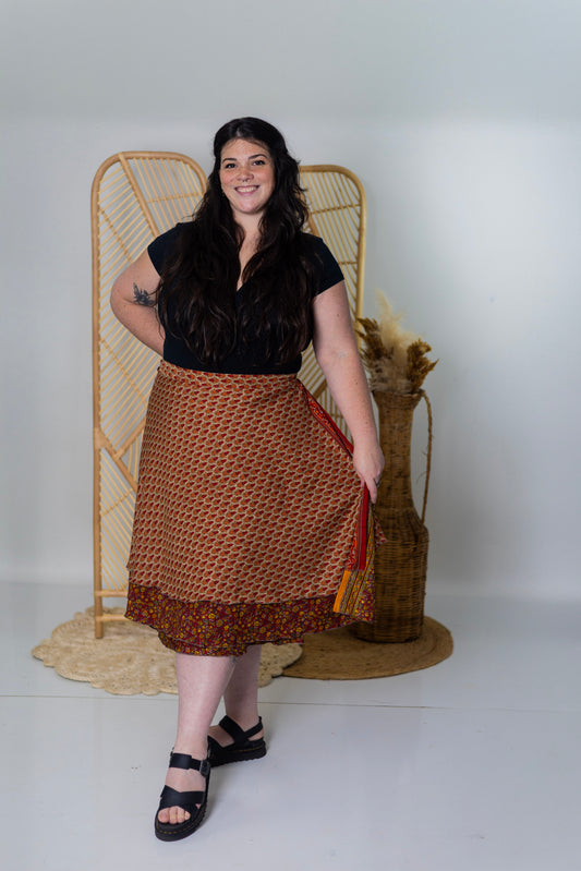 Goddess/Tea Length Up-Cycled Reversible Sari Wrap Skirt #76