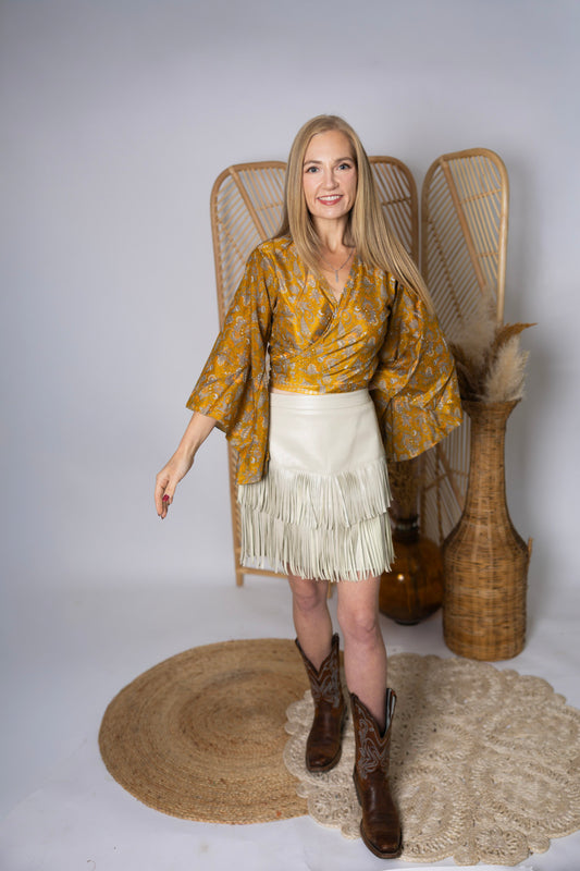 Regular Up-Cycled Sari Bell Sleeve Wrap Tie Top #107