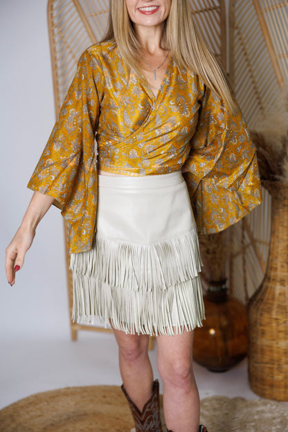 Regular Up-Cycled Sari Bell Sleeve Wrap Tie Top #107