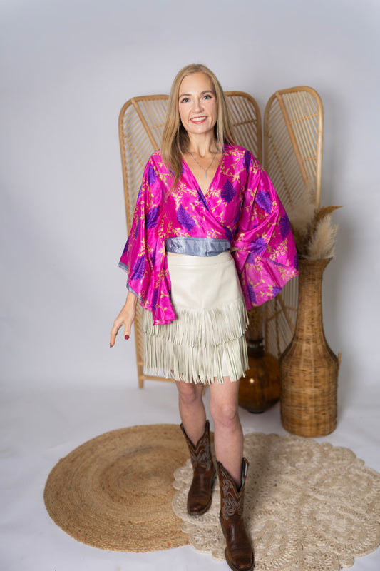 Regular Up-Cycled Sari Bell Sleeve Wrap Tie Top #108