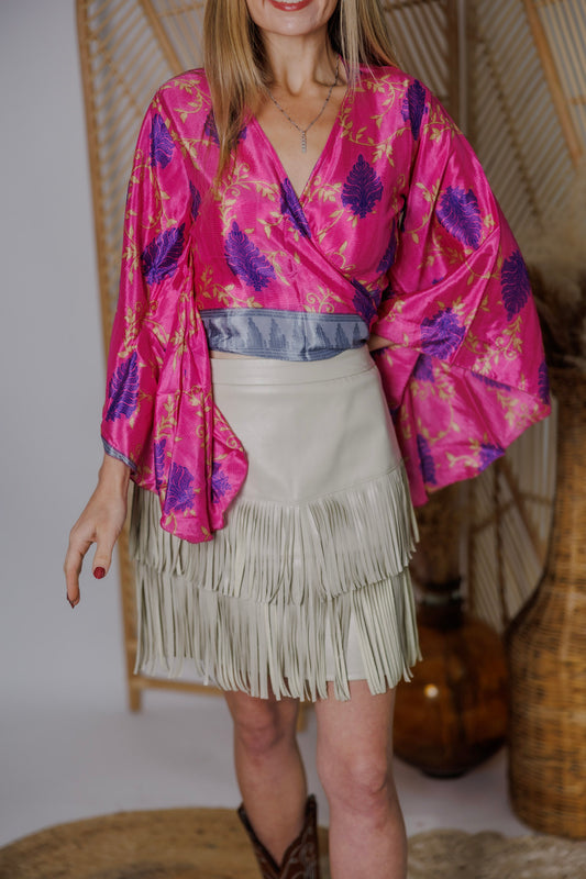 Regular Up-Cycled Sari Bell Sleeve Wrap Tie Top #108