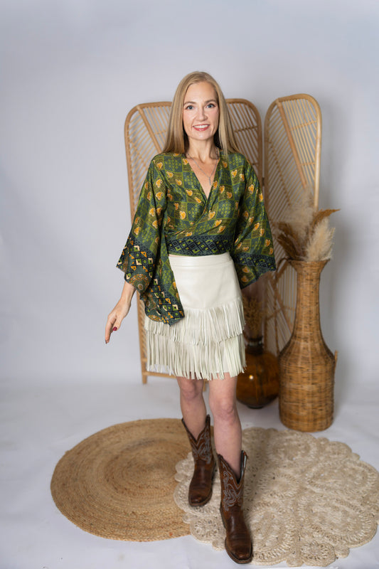 Regular Up-Cycled Sari Bell Sleeve Wrap Tie Top #109